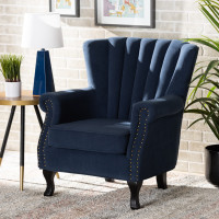 Baxton Studio 904-Shiny Velvet Navy Blue-Chair Relena Classic and Traditional Navy Blue Velvet Fabric Upholstered and Dark Brown Finished Wood Armchair 